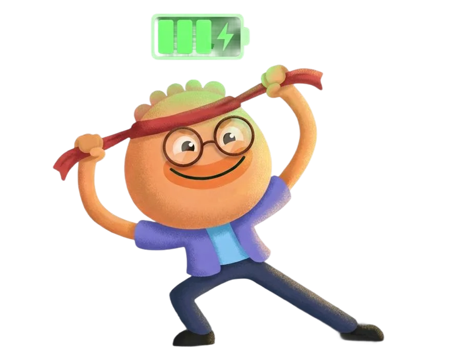 Habi mascot stretching with a headband and full battery icon showing the 20-20-20 rule morning routine