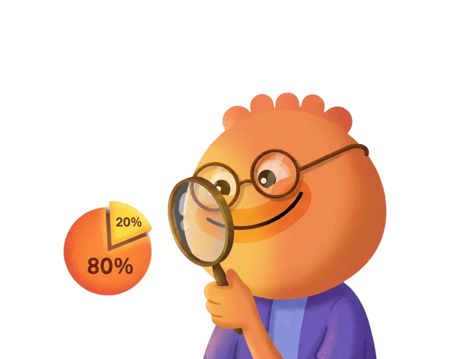 Habi mascot examining a pie chart with a magnifying glass for ADHD time management
