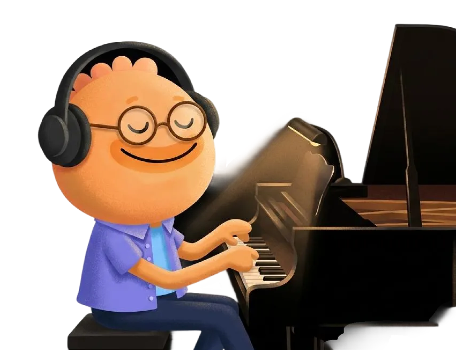 Habi mascot wearing headphones playing piano for ambient music and focus