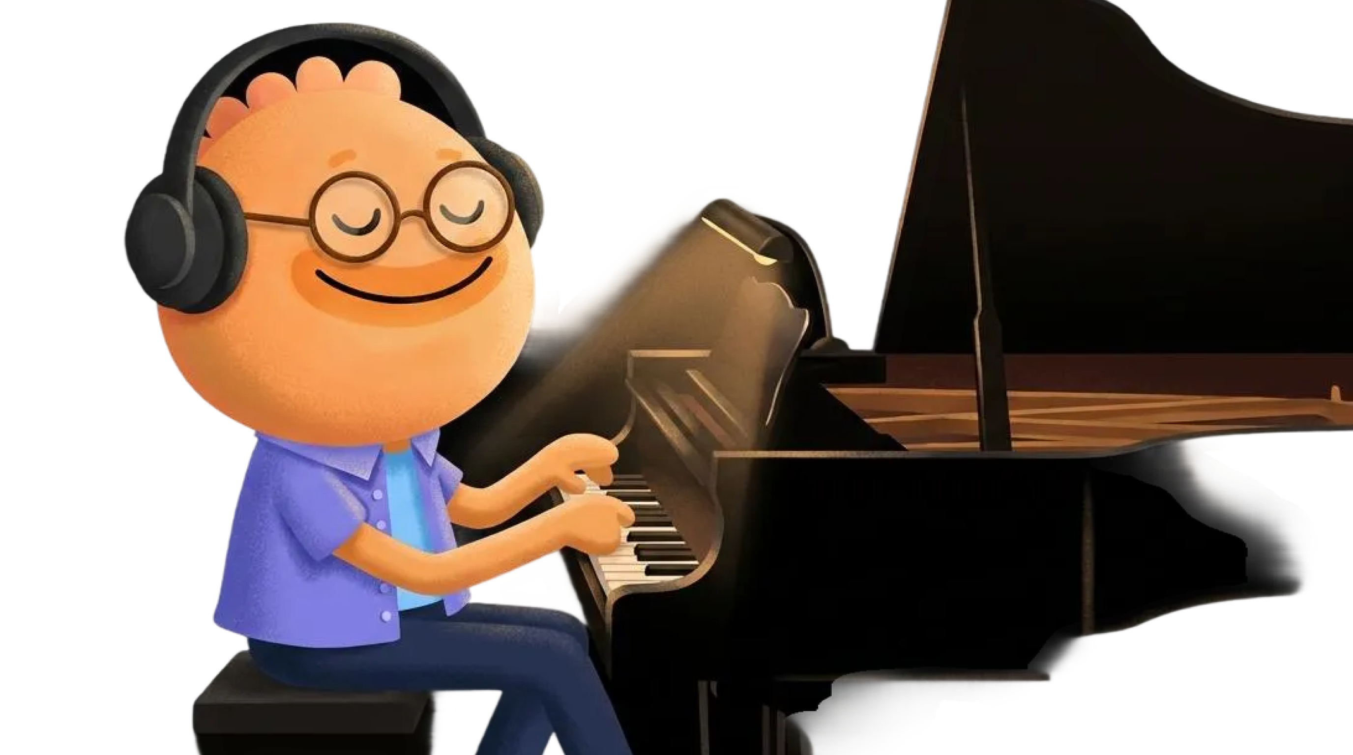Habi mascot wearing headphones playing piano for ambient music and focus