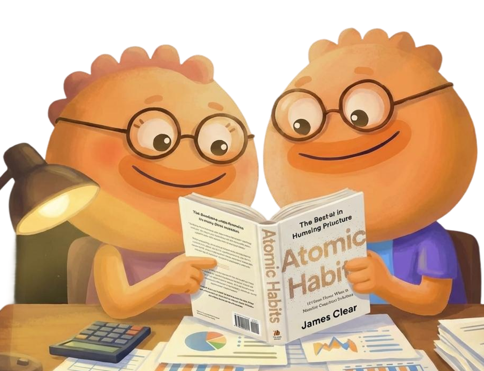 Two Habi mascots reading Atomic Habits by James Clear together at a desk