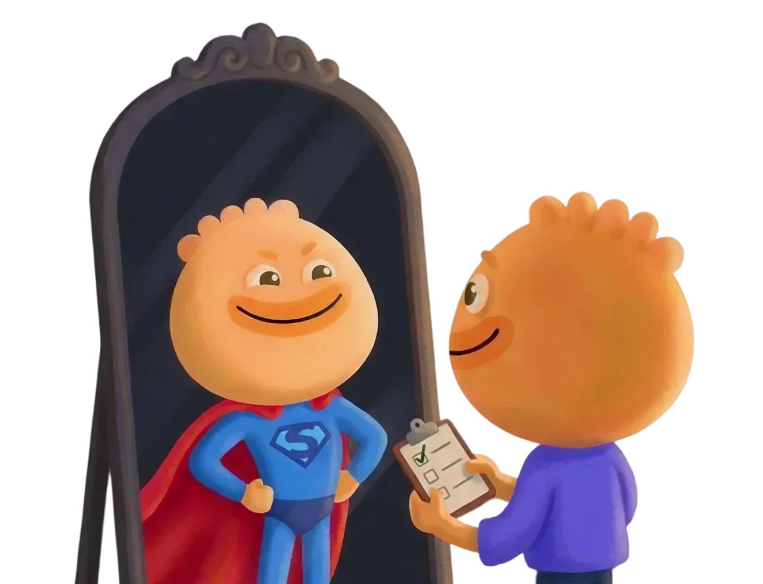 Habi mascot holding a checklist and seeing a superhero reflection in a mirror about breaking bad habits
