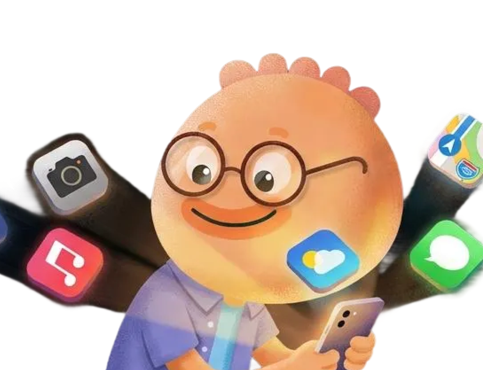 Habi mascot holding a phone with app icons floating around for best daily routine apps