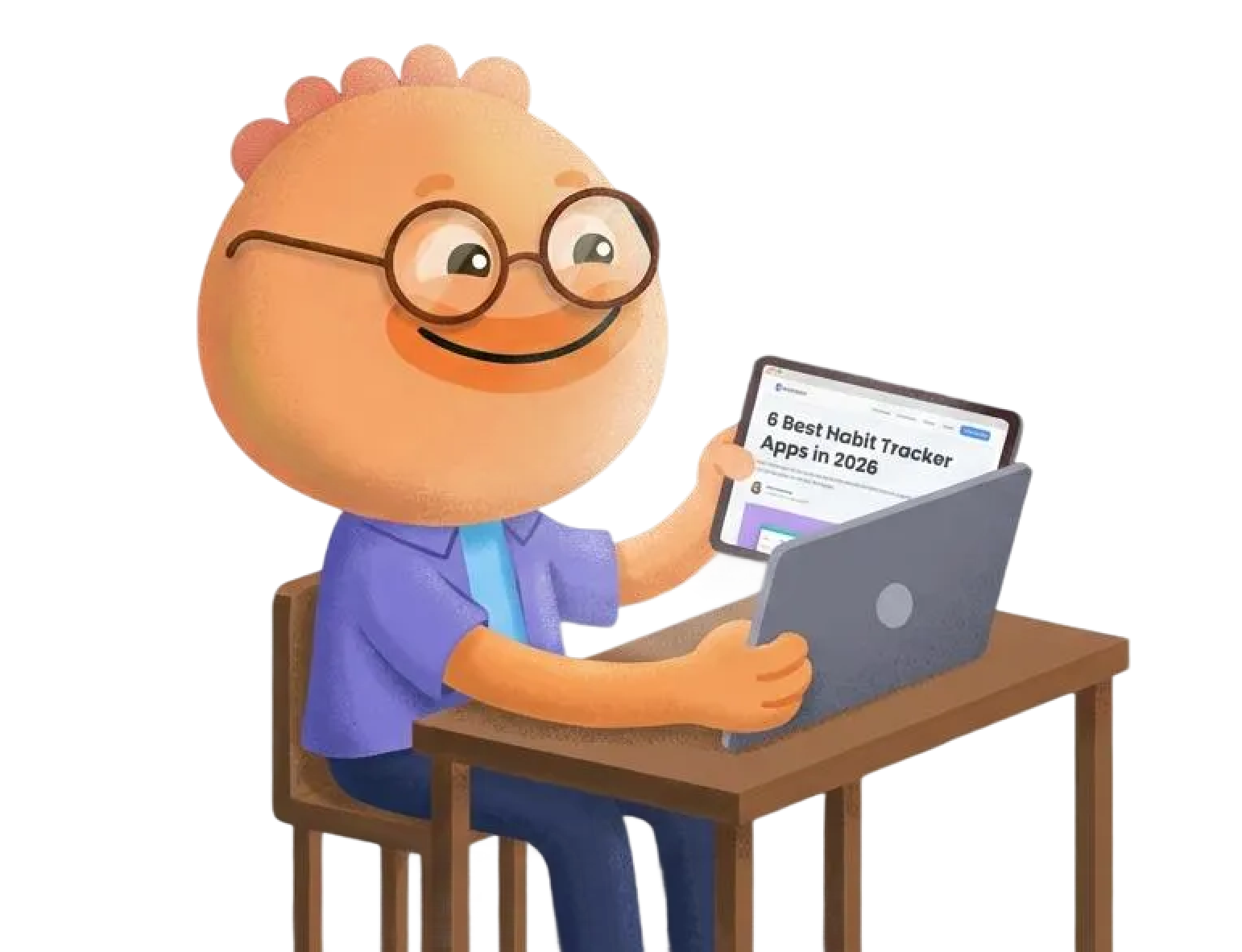 Habi mascot at a laptop showing best habit tracker apps in 2026 on screen