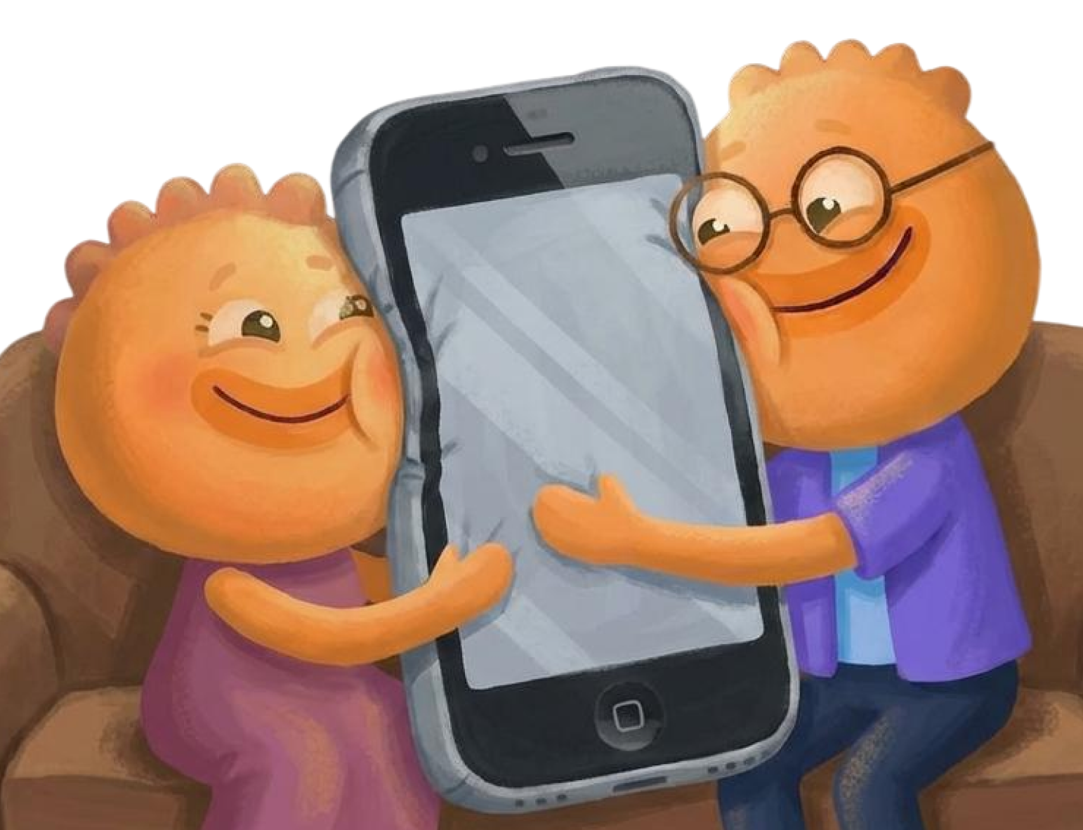 Two Habi mascots on a couch hugging a large phone for best screen time apps