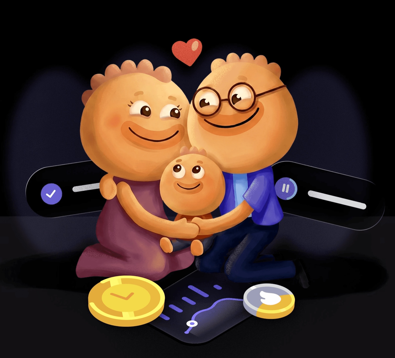 A Habi family hugging, surrounded by habit widgets