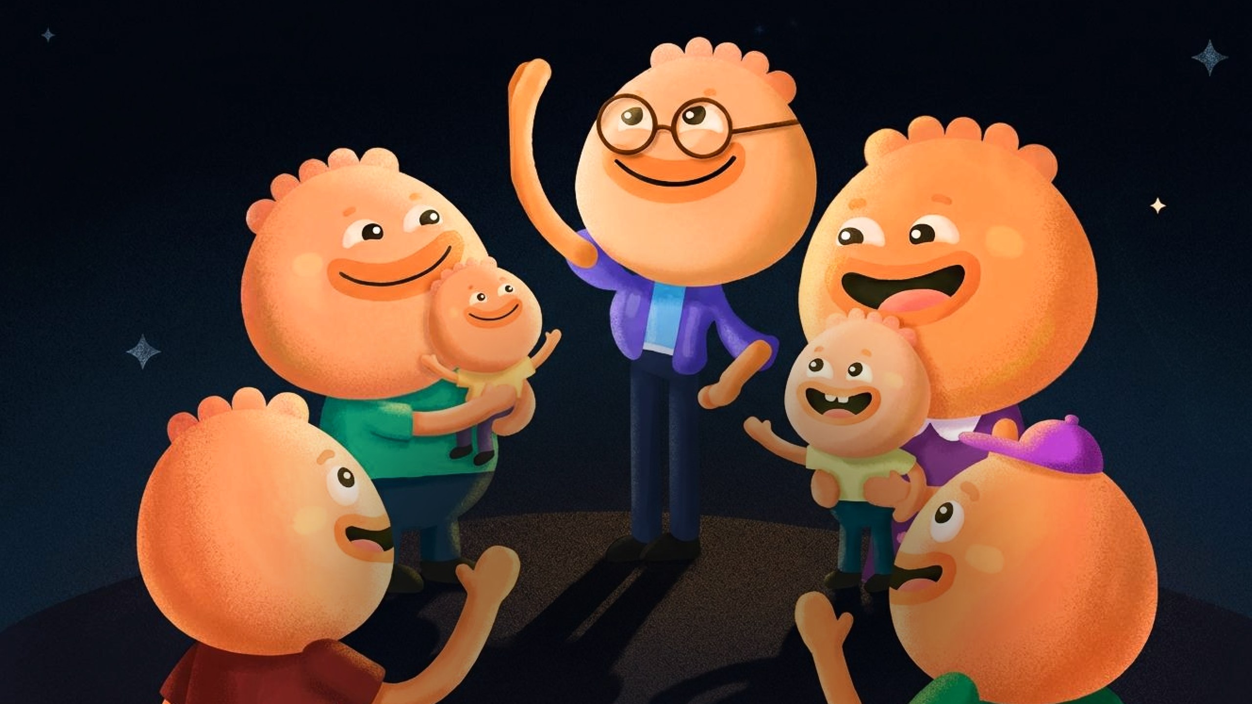 The Habi characters gathered together as a family