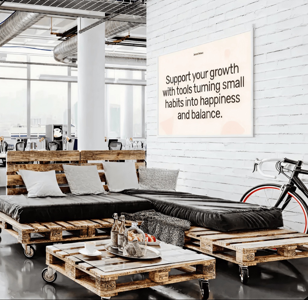 A lounge corner with pallet sofas and a framed Habi poster