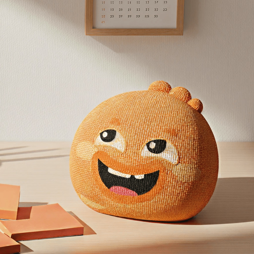 A knitted Habi plush sitting on a desk