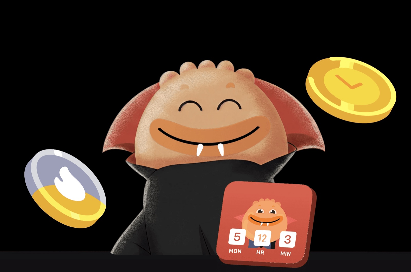 A Habi character in a vampire costume next to a streak calendar widget
