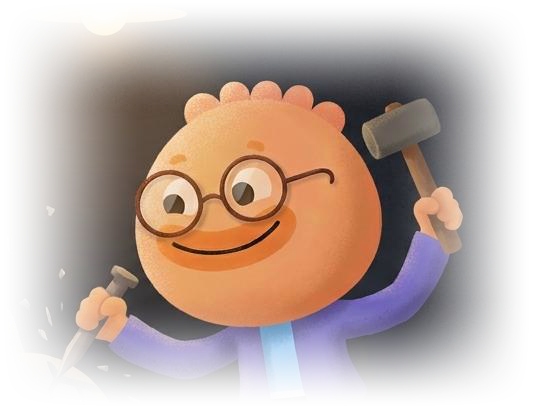 Habi mascot chisels a monster-shaped boulder into a smaller stone at night, picturing cognitive restructuring