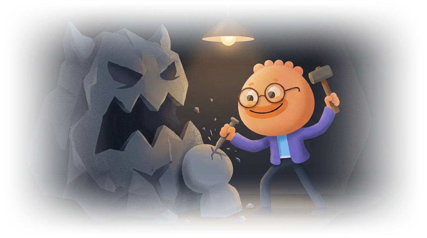 Habi mascot chisels a monster-shaped boulder into a smaller stone at night, picturing cognitive restructuring