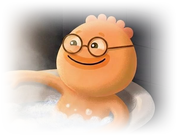 Habi mascot relaxes in a steaming clawfoot bathtub with a timer on the edge, a timed activity from a dopamine menu