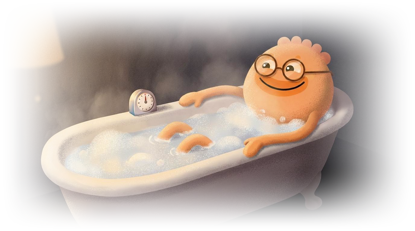 Habi mascot relaxes with a smile in a bubbly, steaming clawfoot tub with a timer on the rim, an idea from a dopamine menu