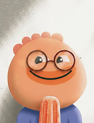 Habi mascot character with glasses eating a popsicle