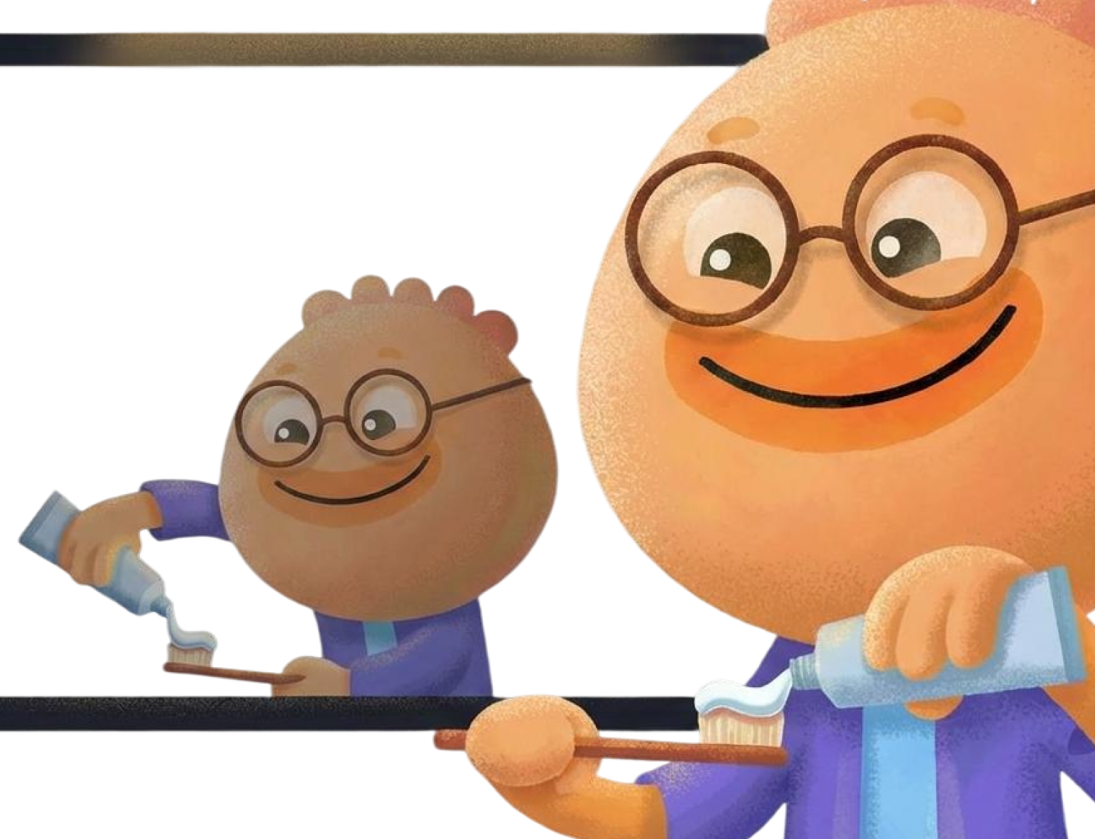 Two Habi mascots brushing teeth in front of a mirror demonstrating habit stacking