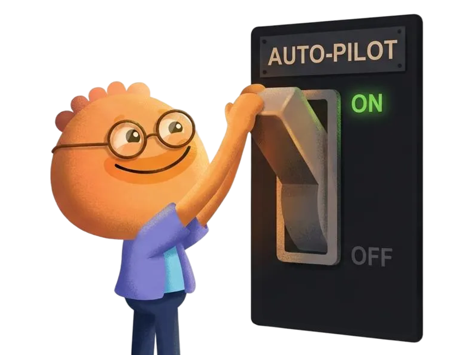 Habi mascot flipping an auto-pilot switch to ON representing financial habits to track