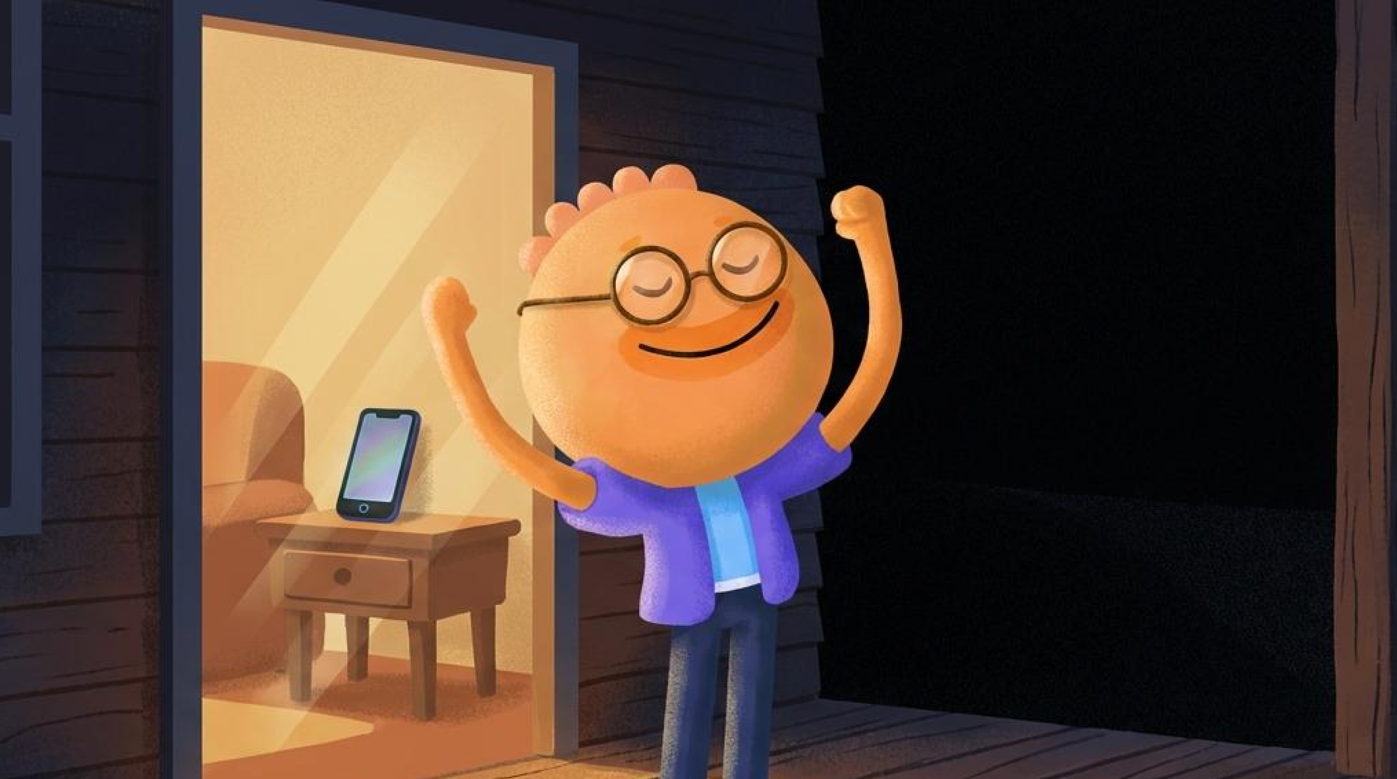 Habi mascot stepping outside at night leaving a phone behind to break bad habits