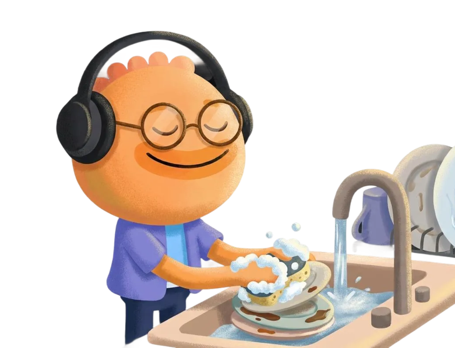 Habi mascot wearing headphones and washing dishes showing ADHD-friendly habit building strategies