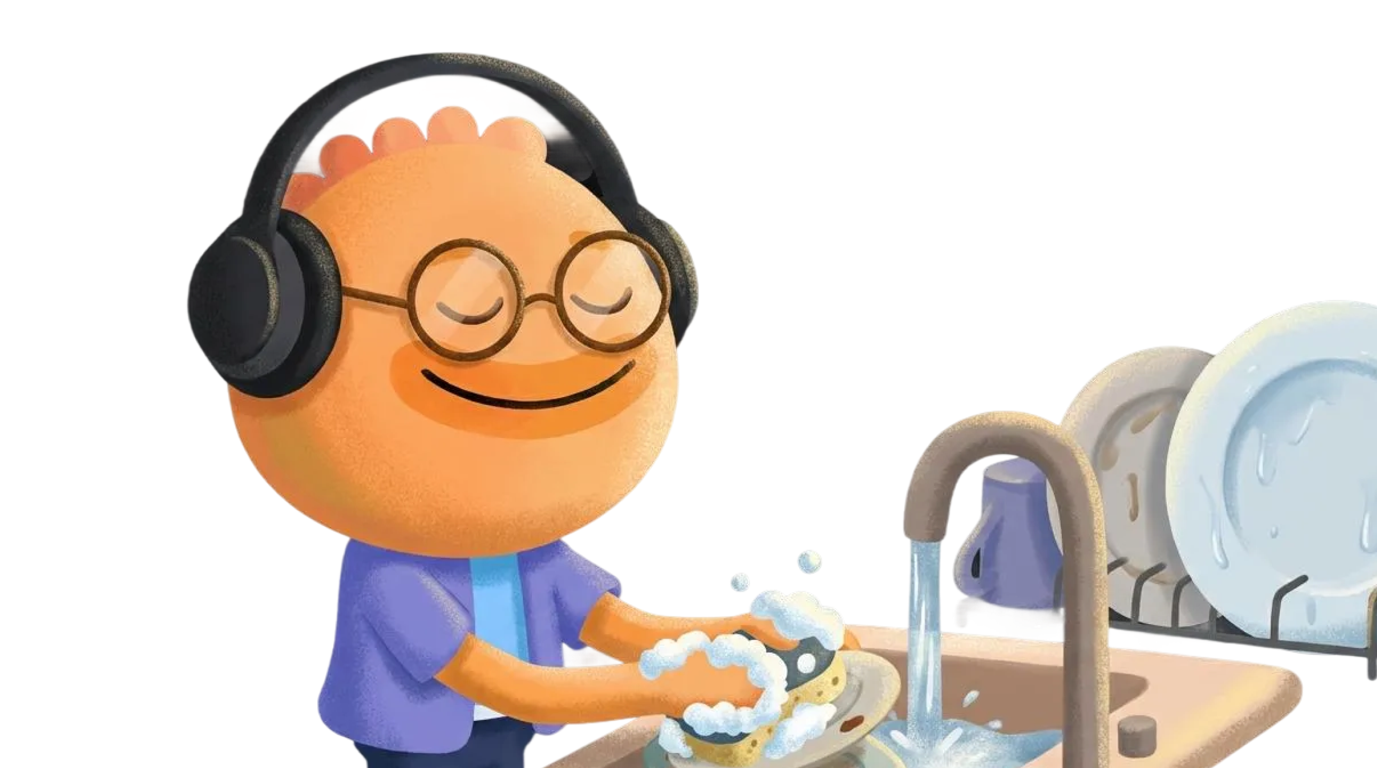 Habi mascot wearing headphones and washing dishes showing habits that stick through habit stacking