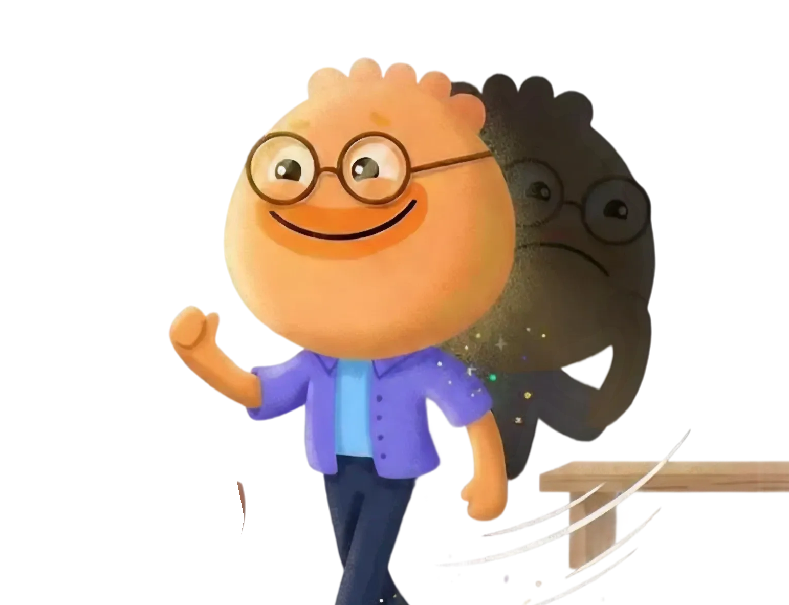 Habi mascot walking forward away from a dark shadow to get motivated