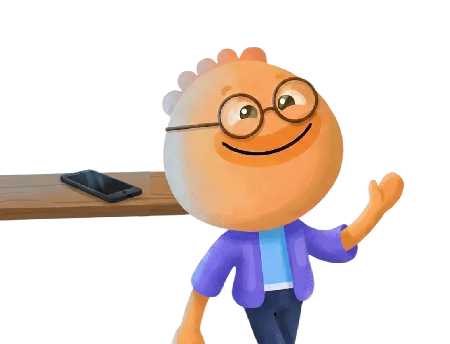 Habi mascot walking away from a phone left on a shelf to reduce screen time