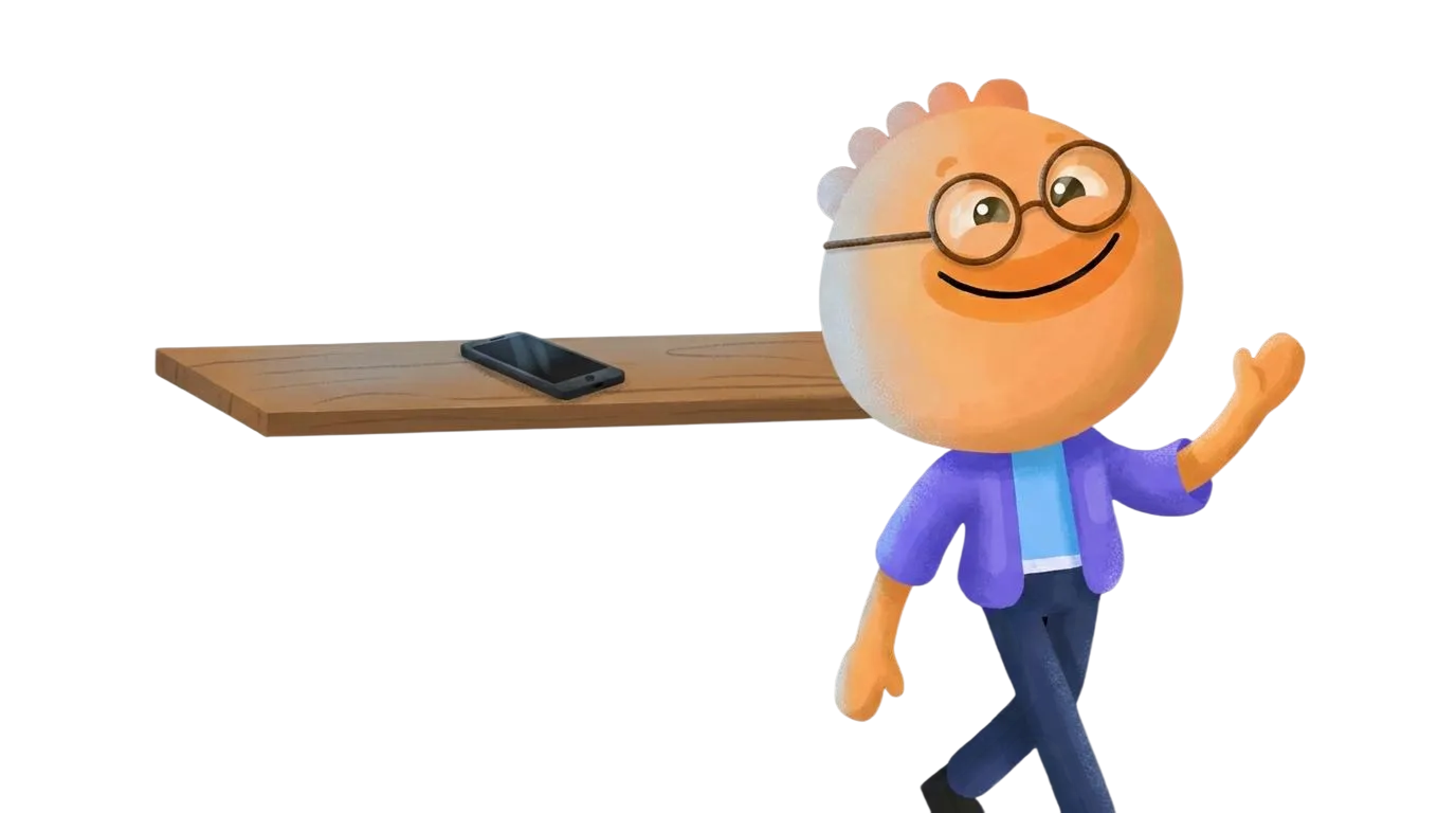 Habi mascot walking away from a phone left on a shelf to reduce screen time