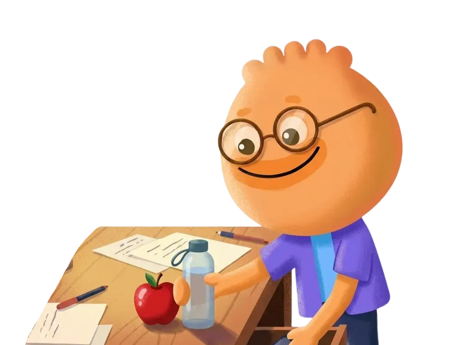 Habi mascot working at a desk with papers and an apple instead of procrastinating