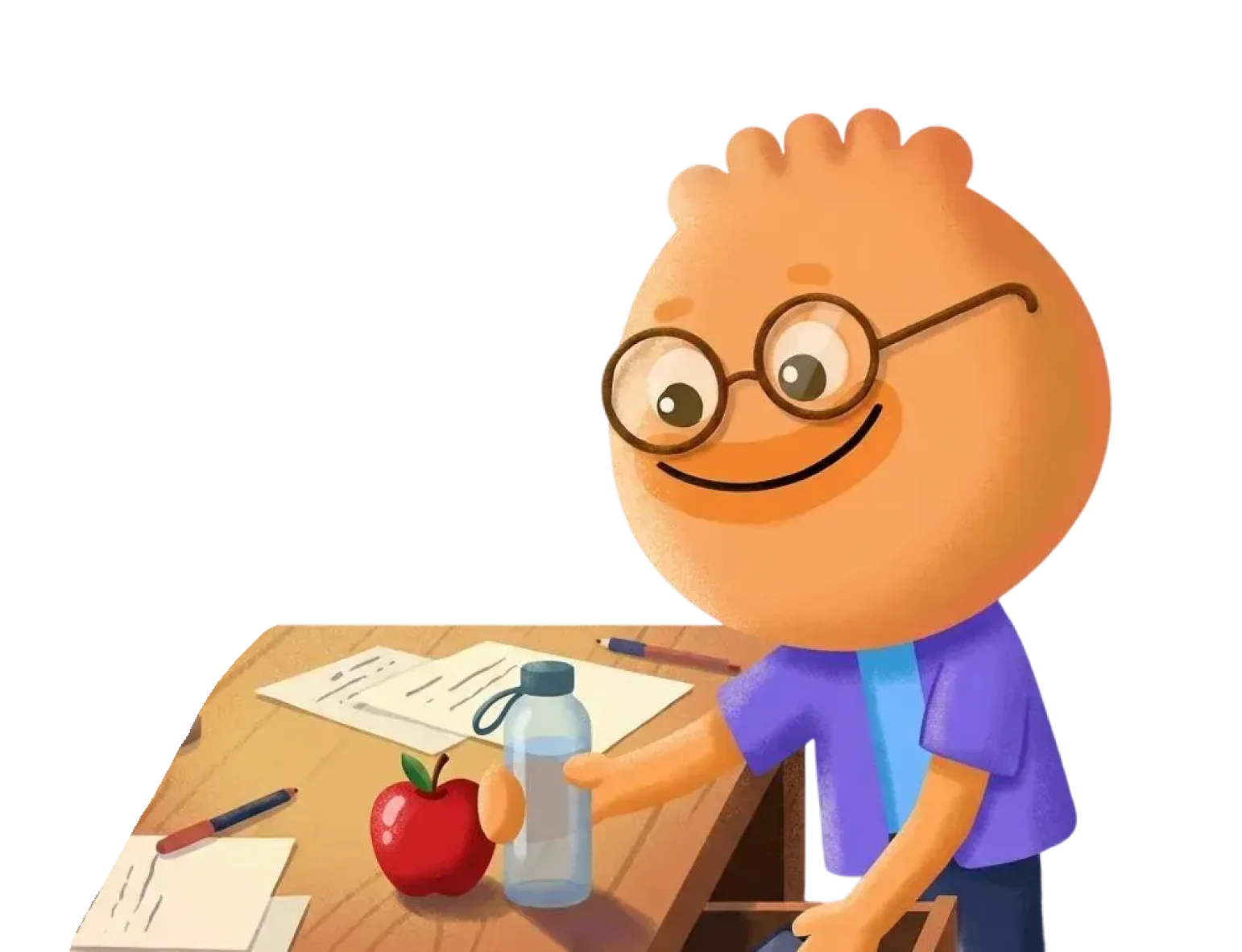 Habi mascot working at a desk with papers and an apple instead of procrastinating