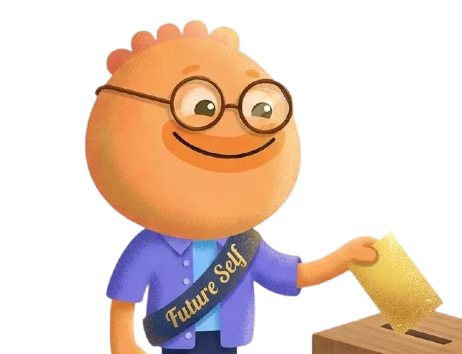 Habi mascot wearing a Future Self sash casting a vote into a ballot box for identity-based habits