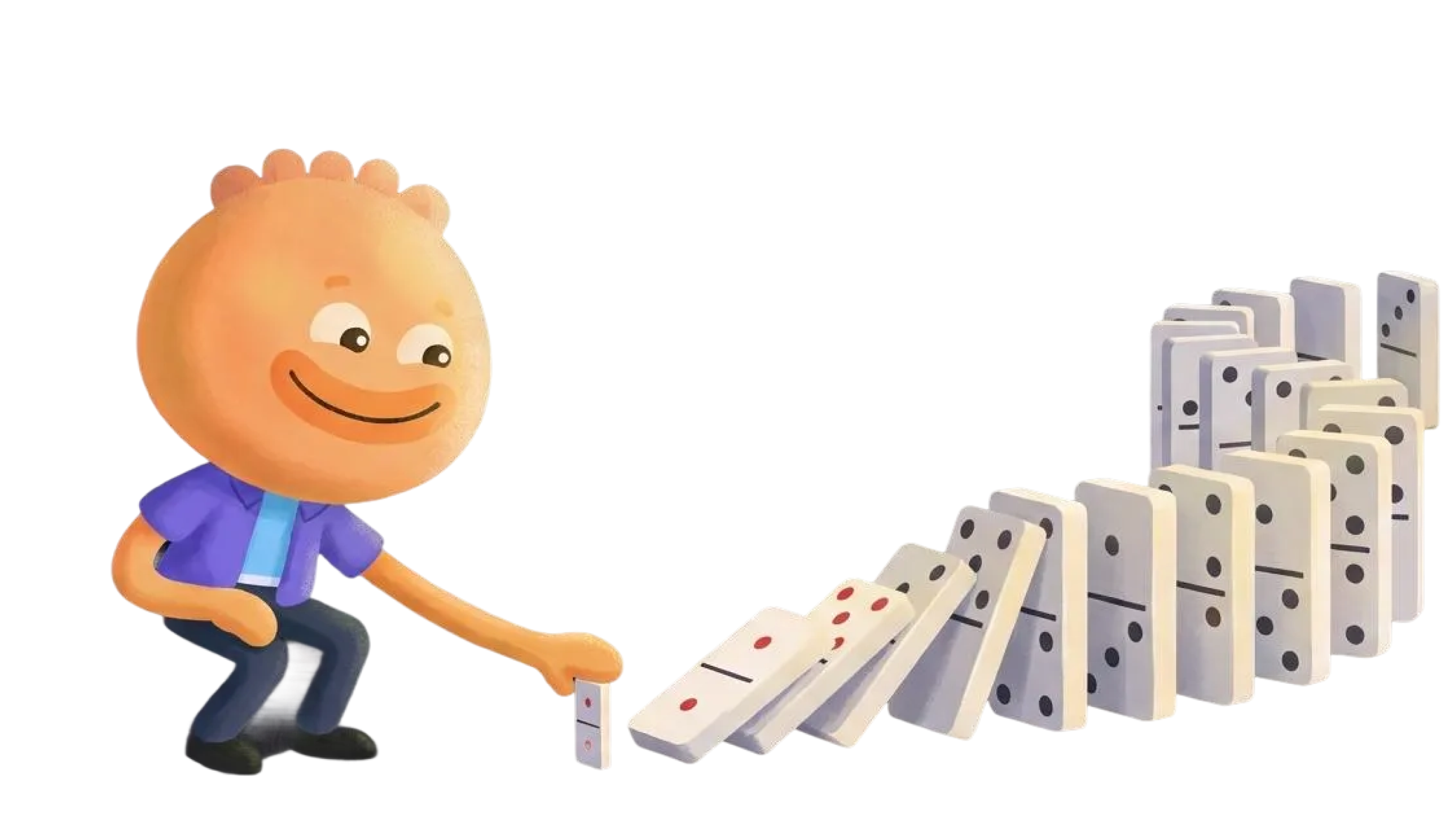 Habi mascot tipping the first in a chain of dominoes showing how micro habits create big change