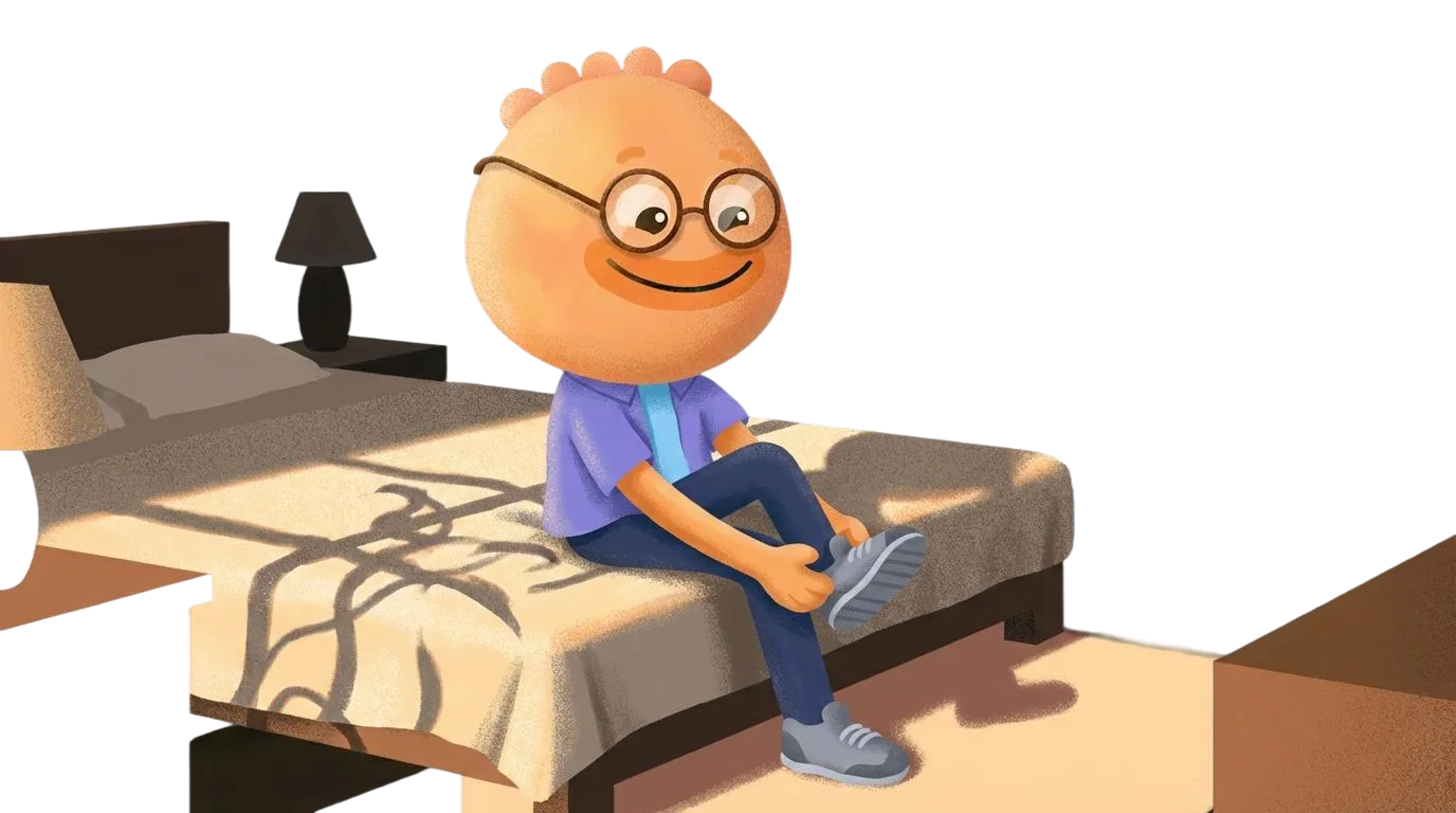 Habi mascot sitting on the edge of a bed putting on shoes for a morning routine