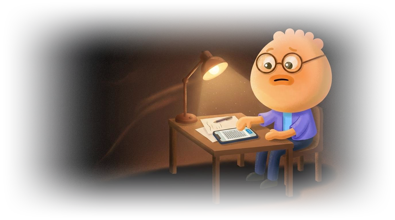 Habi mascot at a lamp-lit desk holding a finger over send, delaying a text during a rejection sensitive dysphoria wave
