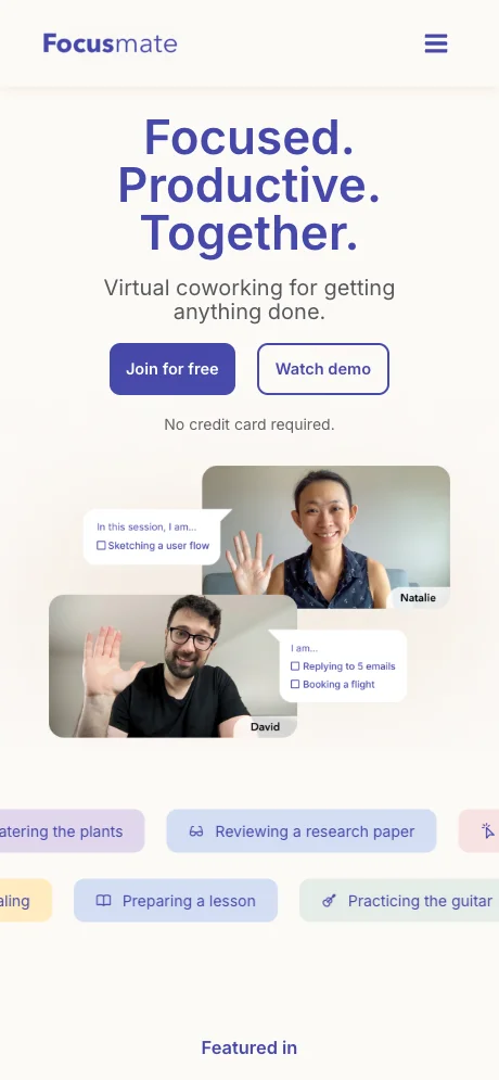Focusmate session booking calendar with available time slots
