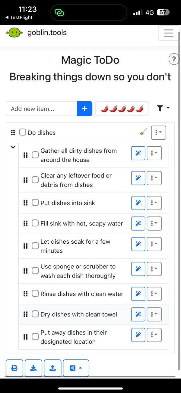Goblin Tools spiciness slider controlling task breakdown detail