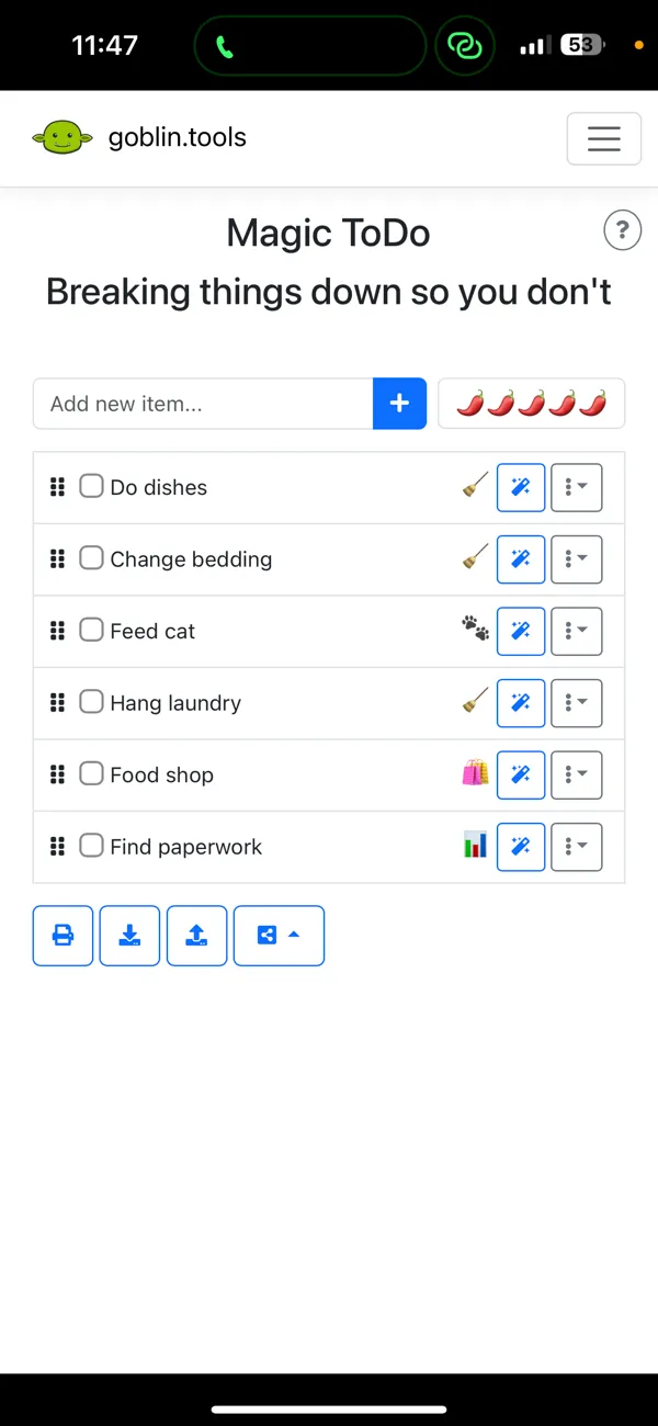 Goblin Tools Compiler organizing a brain dump into a structured list