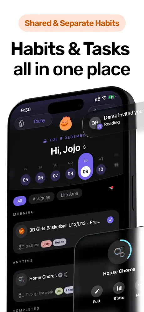 Habi app habit tracking dashboard with streaks and completion stats