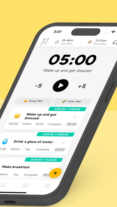 Llama Life app timeboxing session with overtime tracking