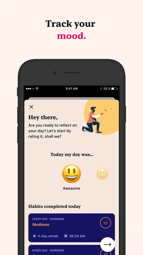 Tangerine statistics view showing habit completion alongside mood trends