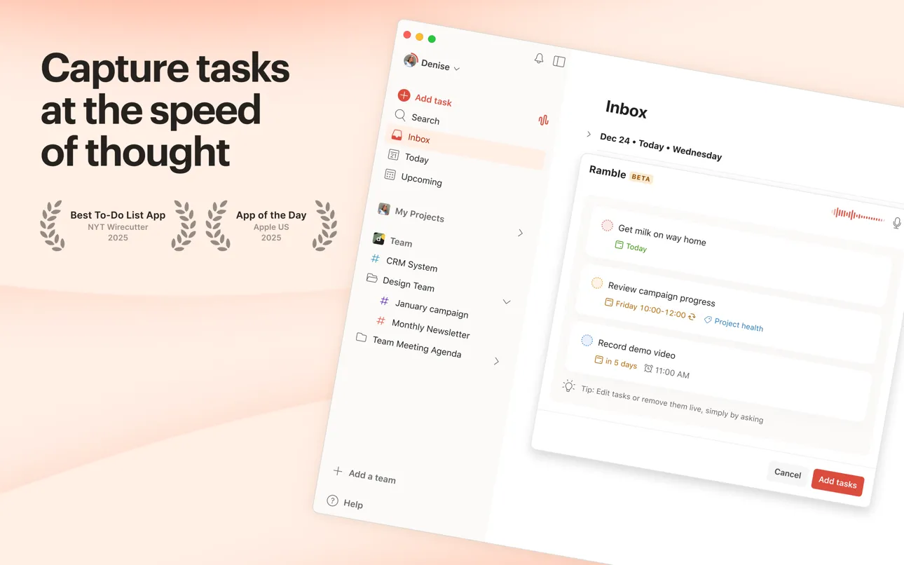 Todoist app task list with natural language input and priorities