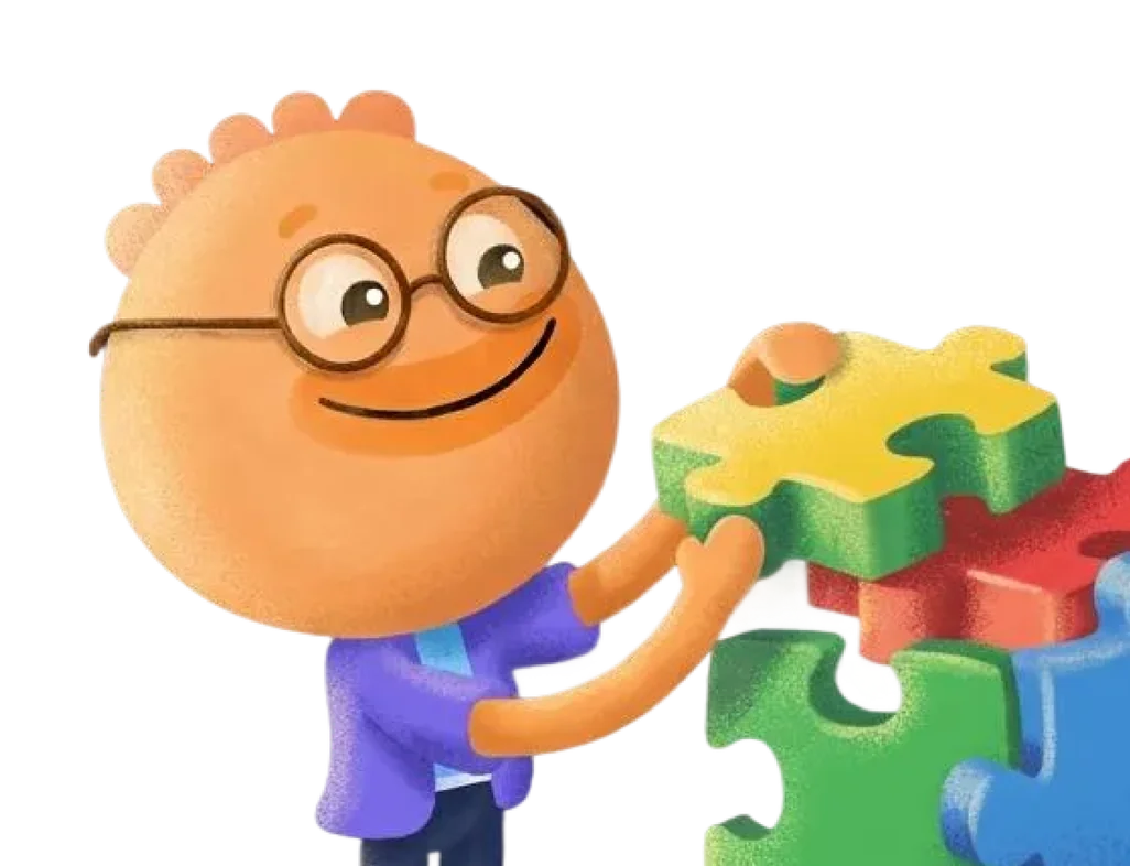 Habi mascot stacking colorful puzzle pieces illustrating systems vs goals and routine building
