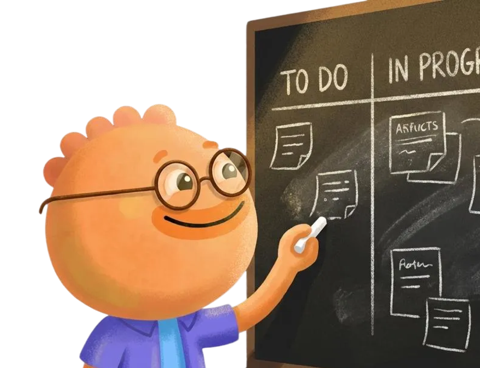 Habi mascot writing on a kanban board with To Do and In Progress columns for tasks and projects