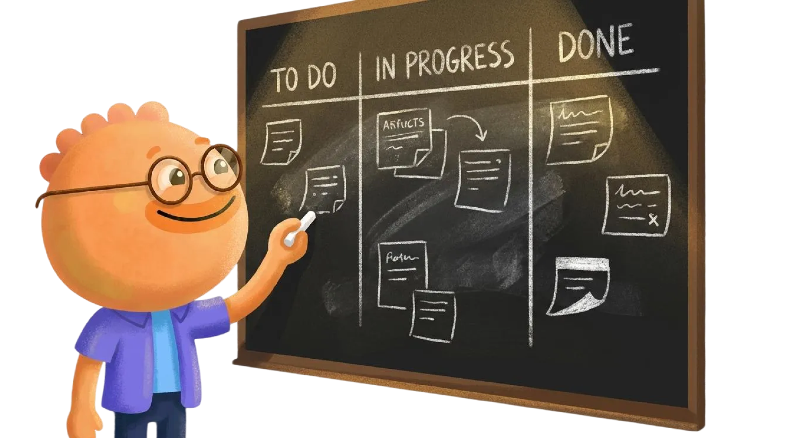 Habi mascot writing on a kanban board with To Do and In Progress columns for tasks and projects