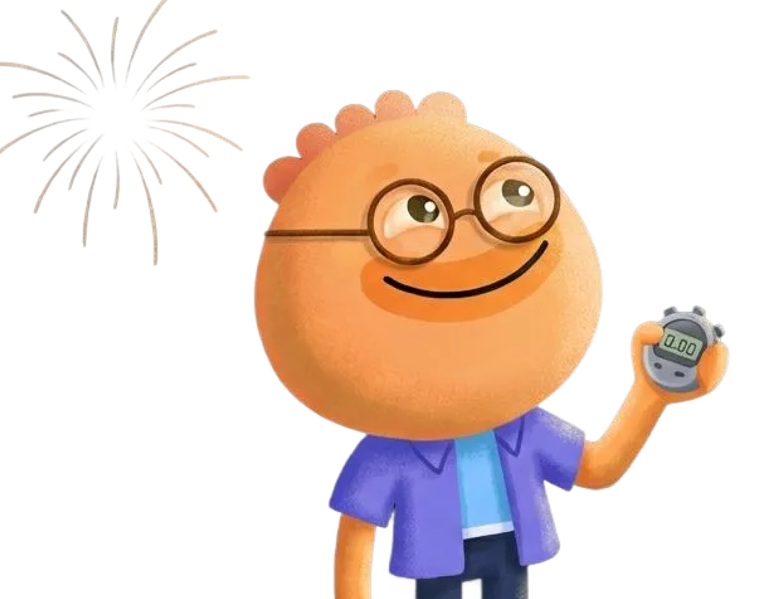 Habi mascot holding a stopwatch with fireworks in the background to track time that matters