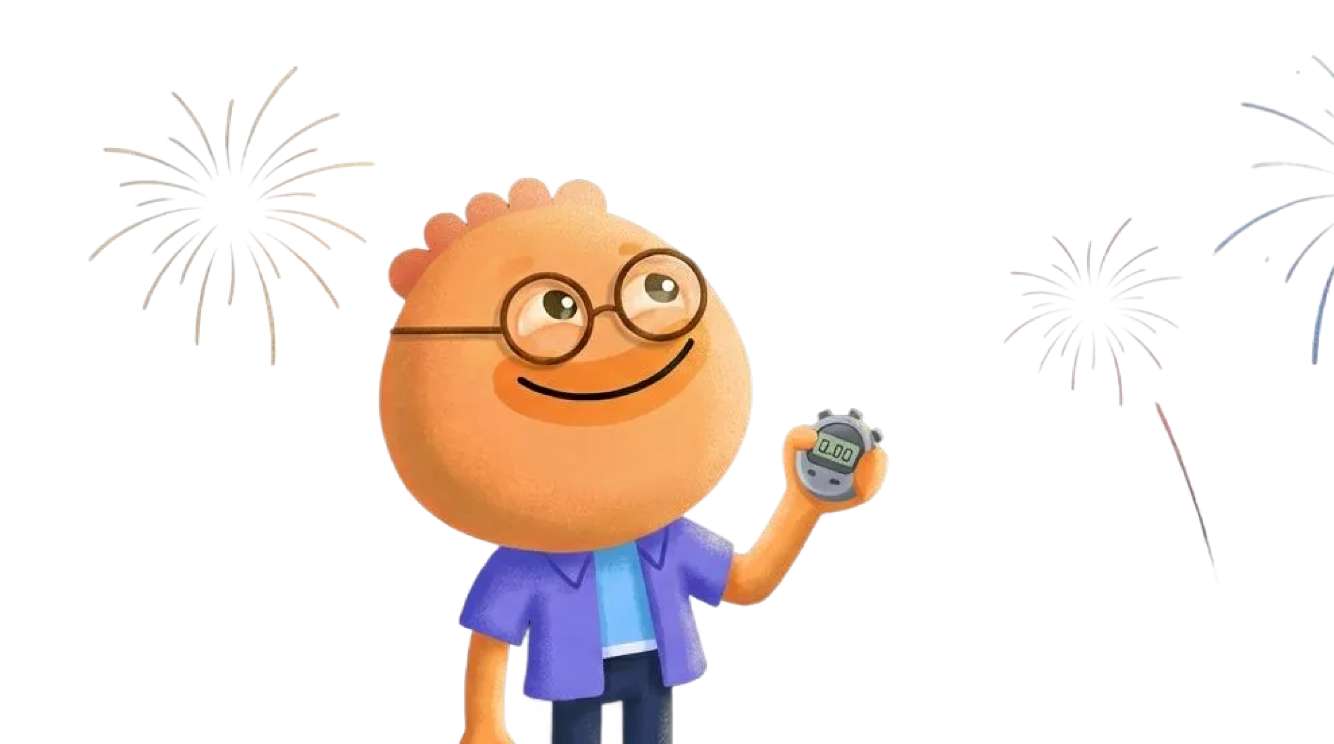 Habi mascot holding a stopwatch with fireworks in the background to track time that matters
