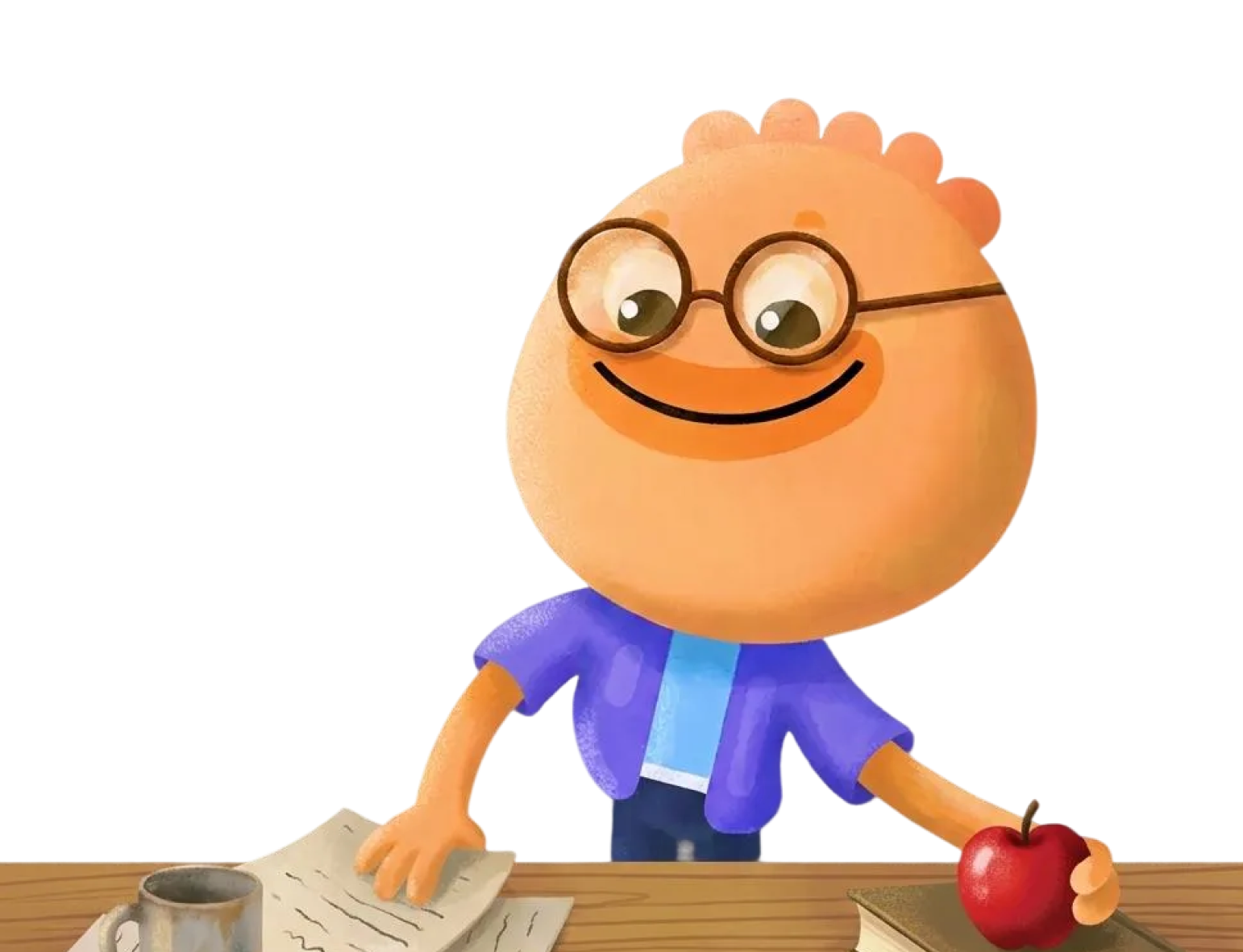Habi mascot standing at a desk with papers and an apple ready to start with the 2-minute rule