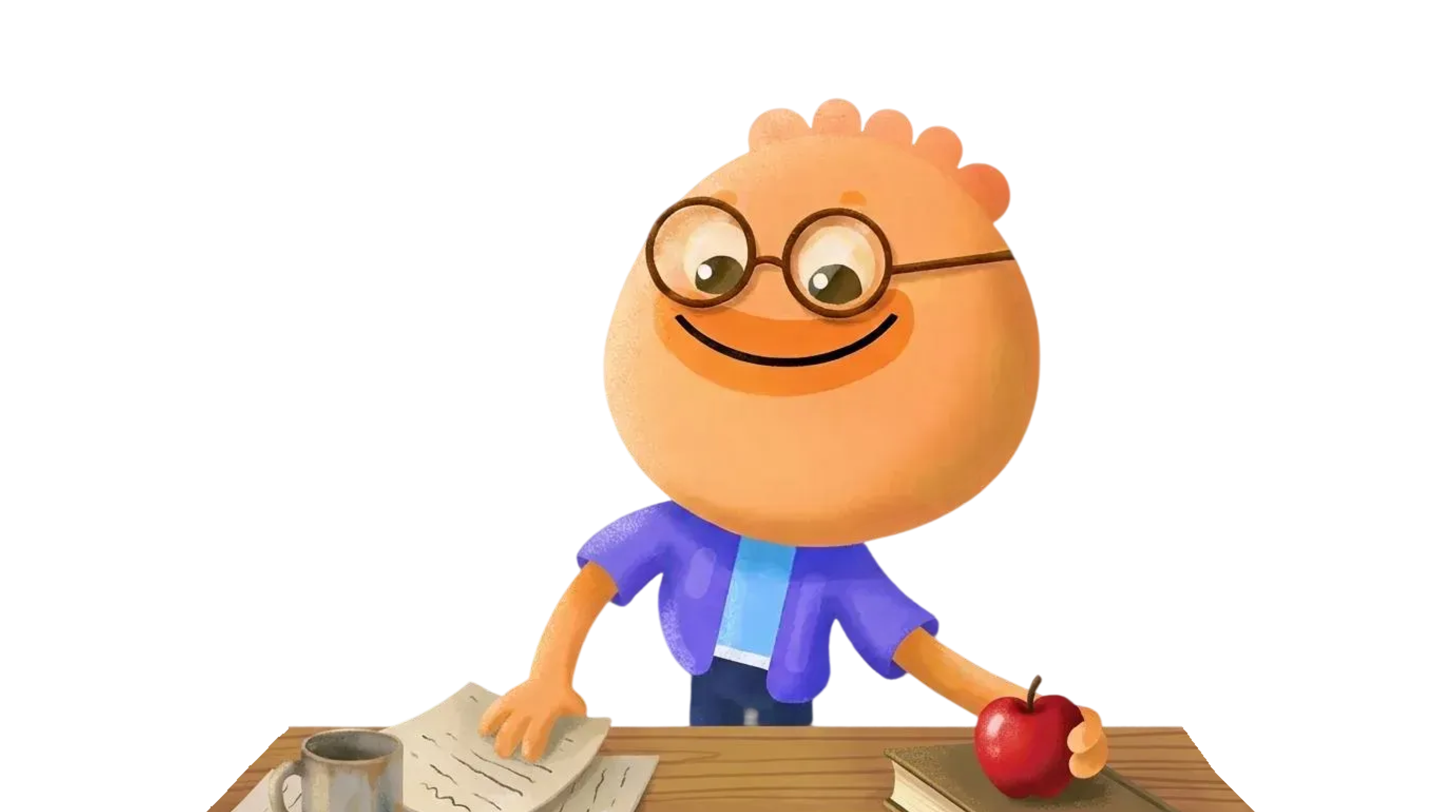 Habi mascot standing at a desk with papers and an apple ready to start with the 2-minute rule